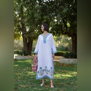Maison Marigold Hampton Kaftan Blue Flower 100% Linen Dress XS/S NWT $298
